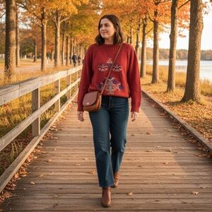 Cozy Autumn Folk-Pattern Knit Sweater Red